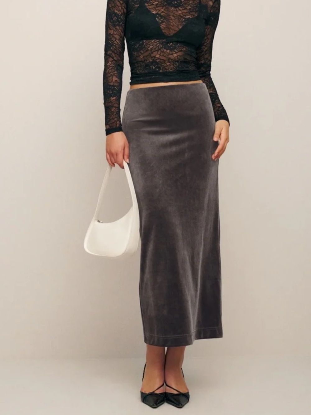 Reformation Maria Knit Midi Skirt Pull On Gray Stone Stretchy Velvet Pencil XS